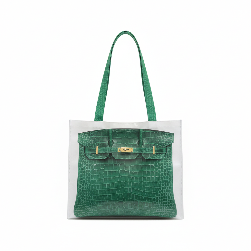 Green handbag with gold hardware on a white background